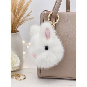 Fluffy White Bunny Keychain Faux Fur Pom Pom Cute Bag Charm Gift
